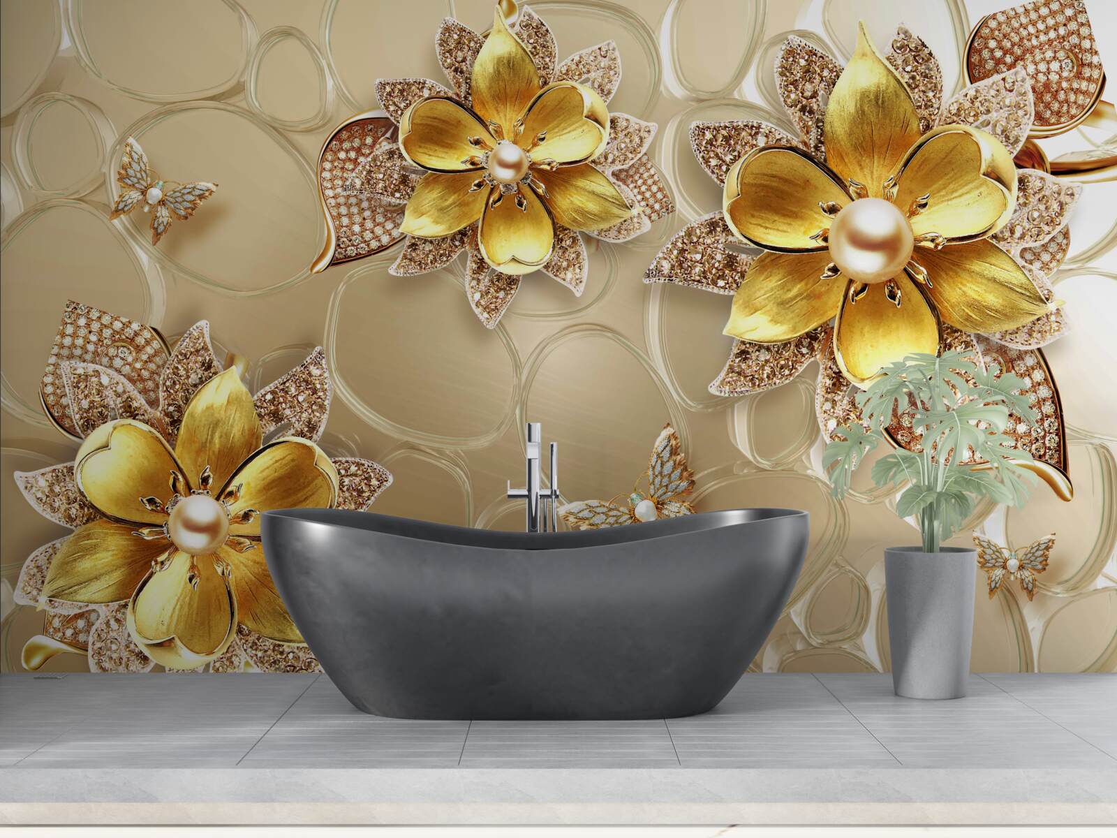 Fototapeten Blumen aus Gold, mit Kristallen dekoriert