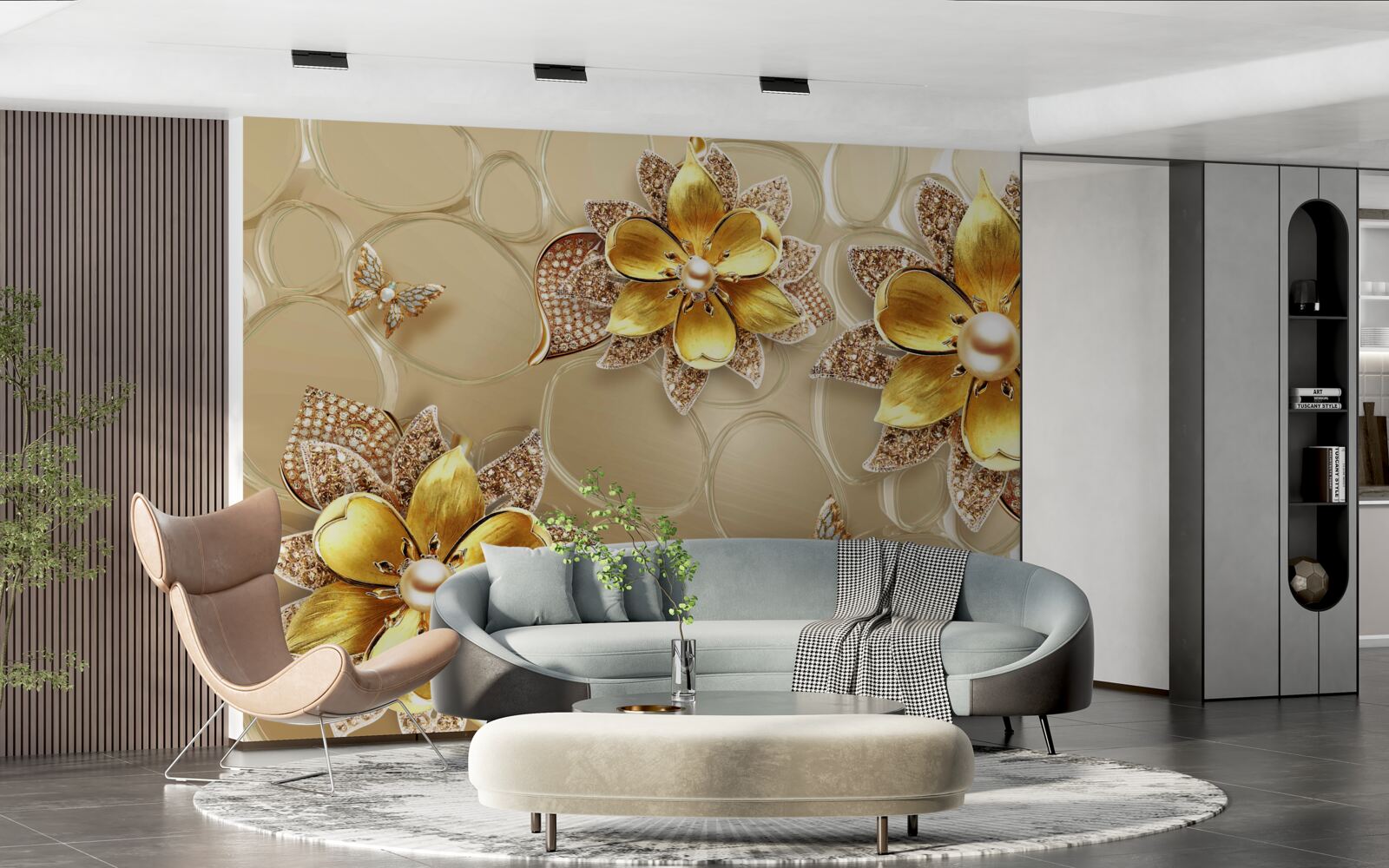 Fototapeten Blumen aus Gold, mit Kristallen dekoriert