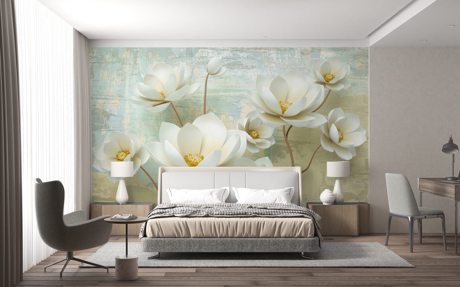 Fototapeten Magnolienzweige blühen weiß