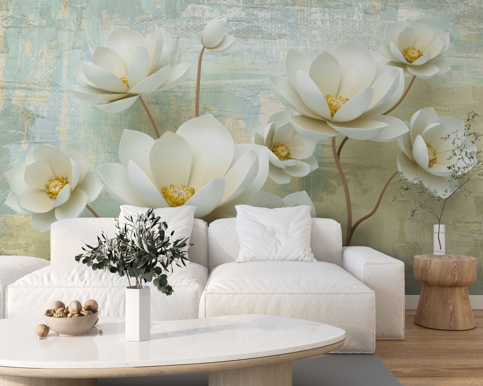 Fototapeten Magnolienzweige blühen weiß