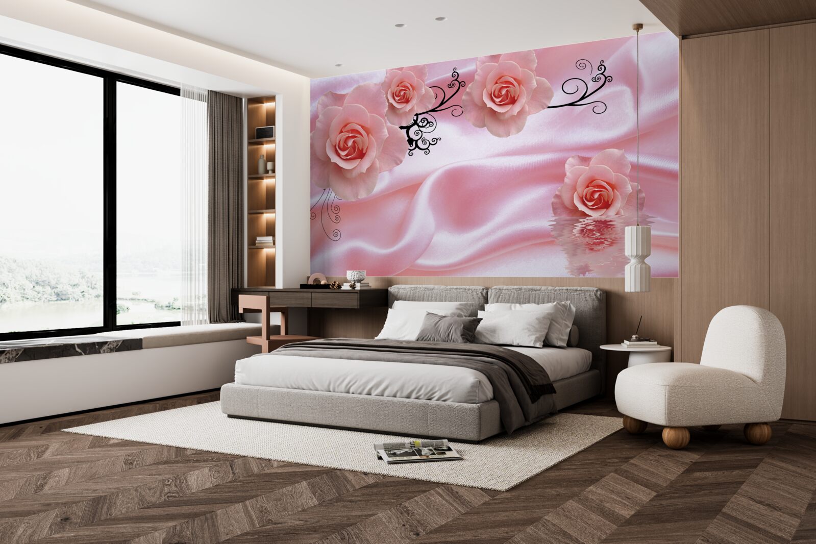 Fototapeten Weiche rosa Blumen auf rosa Seidenmaterial
