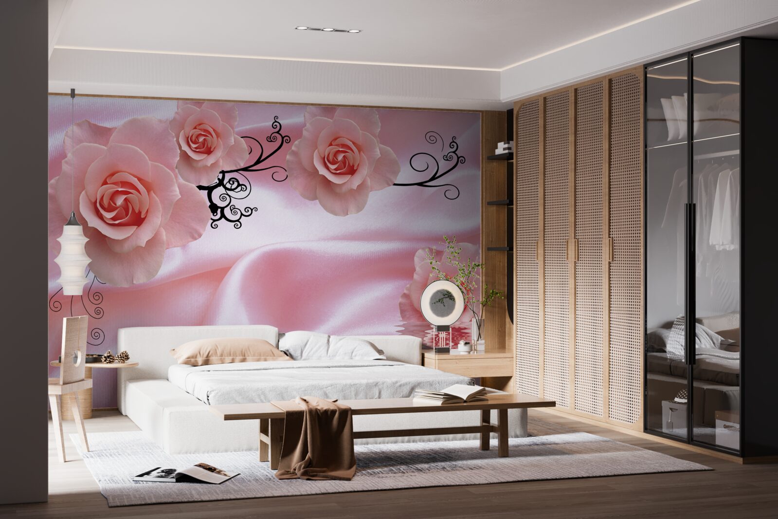 Fototapeten Weiche rosa Blumen auf rosa Seidenmaterial