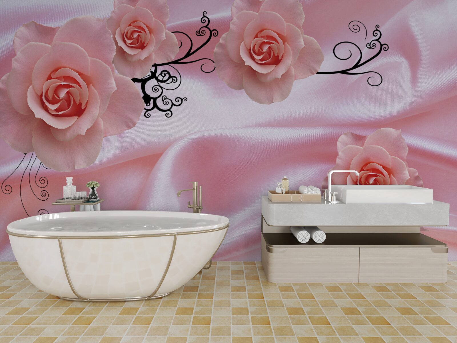 Fototapeten Weiche rosa Blumen auf rosa Seidenmaterial