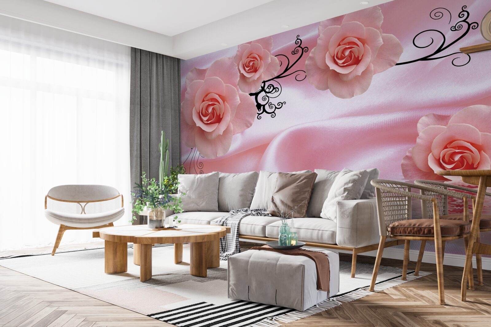 Fototapeten Weiche rosa Blumen auf rosa Seidenmaterial