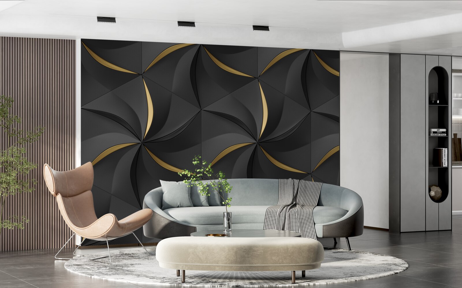 Fototapeten Goldene Spiralen auf schwarzem Hintergrund