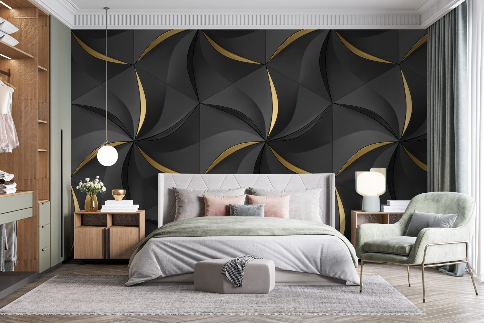 Fototapeten Goldene Spiralen auf schwarzem Hintergrund