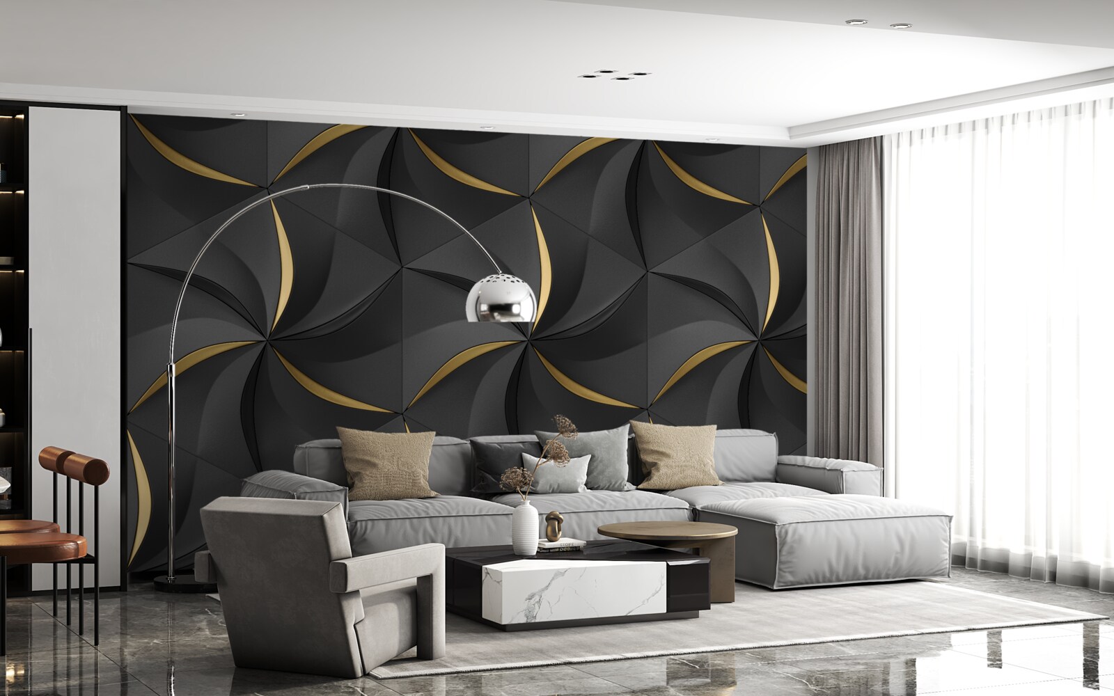 Fototapeten Goldene Spiralen auf schwarzem Hintergrund