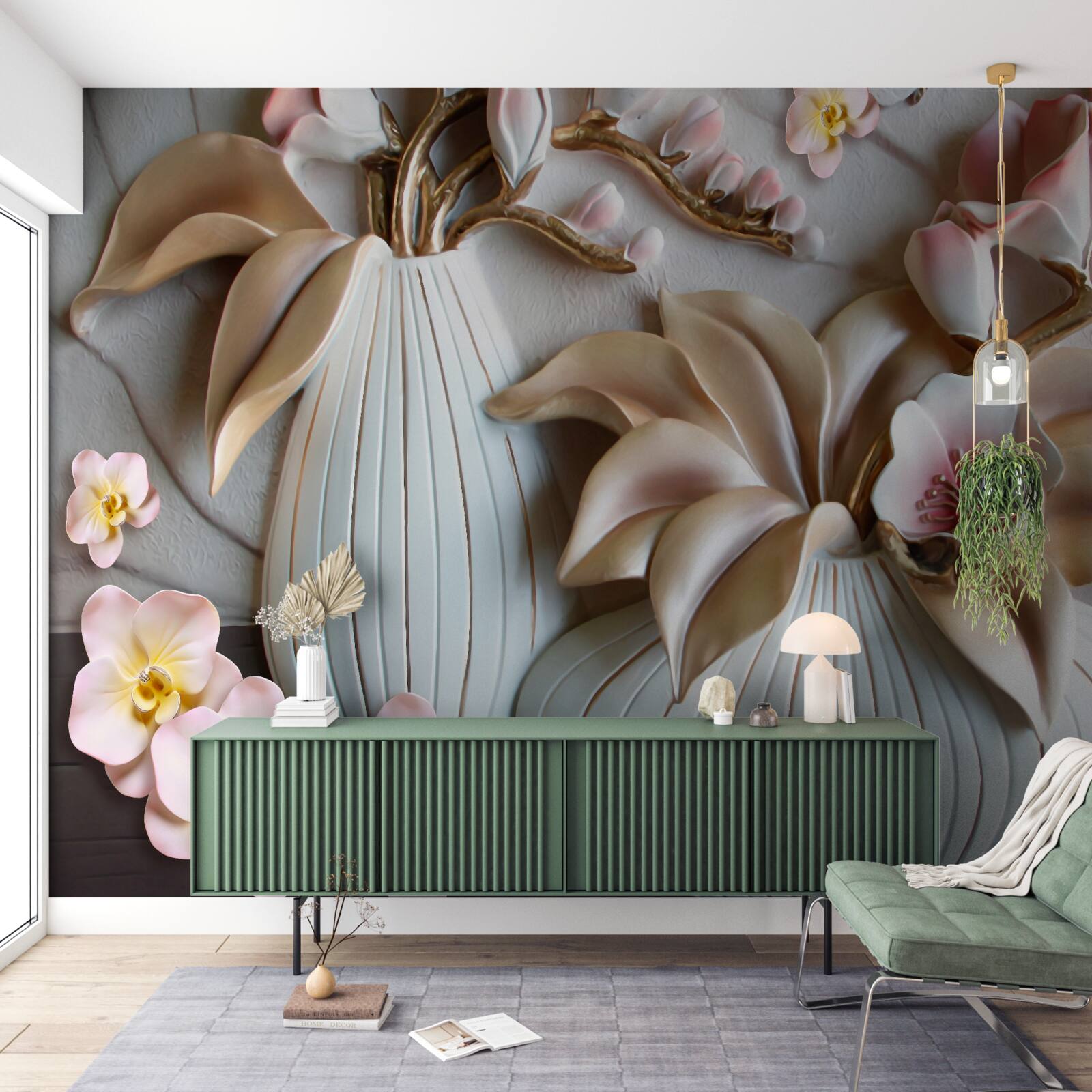 Fototapeten Verschiedene Vasen mit weißer Orchidee