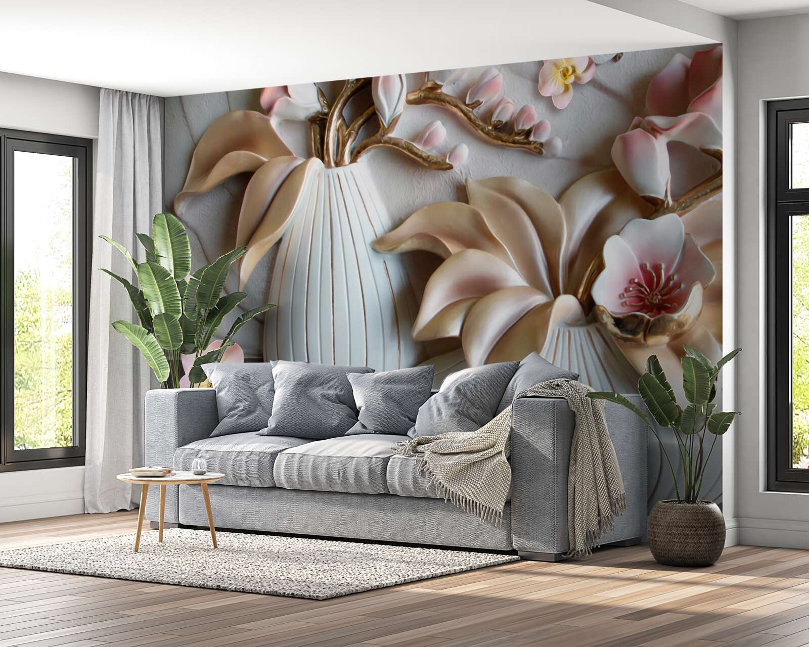 Fototapeten Verschiedene Vasen mit weißer Orchidee