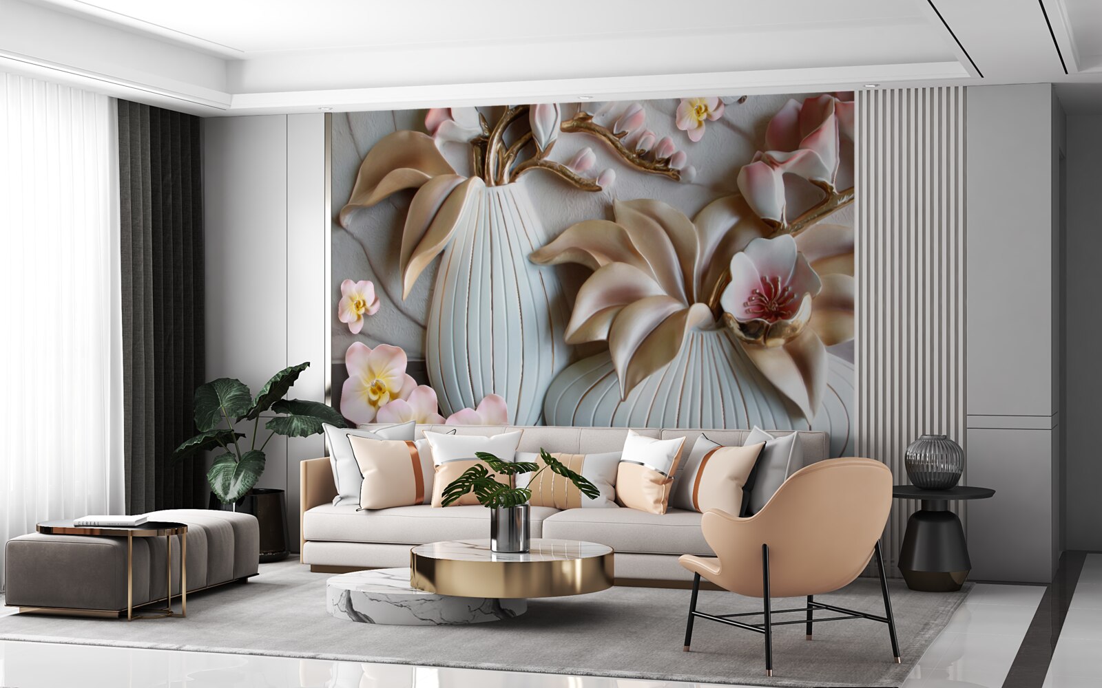 Fototapeten Verschiedene Vasen mit weißer Orchidee