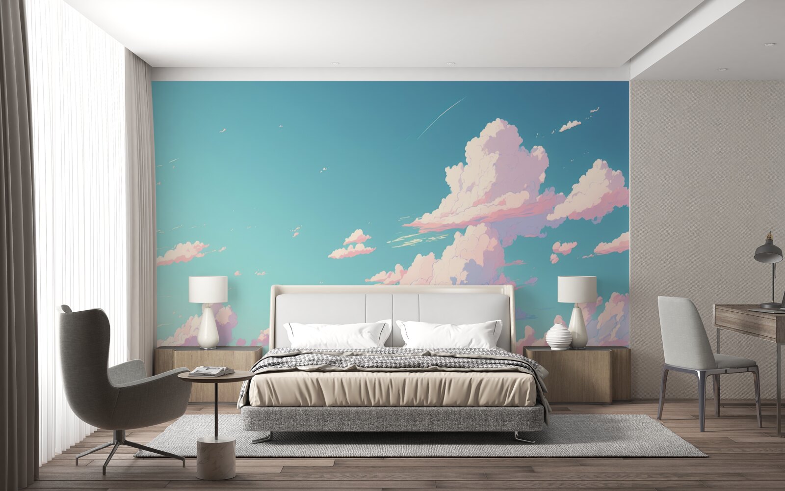 Fototapeten Der blaue Himmel ist mit rosa Wolken dekoriert