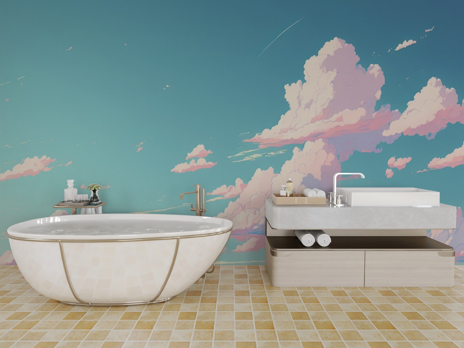 Fototapeten Der blaue Himmel ist mit rosa Wolken dekoriert