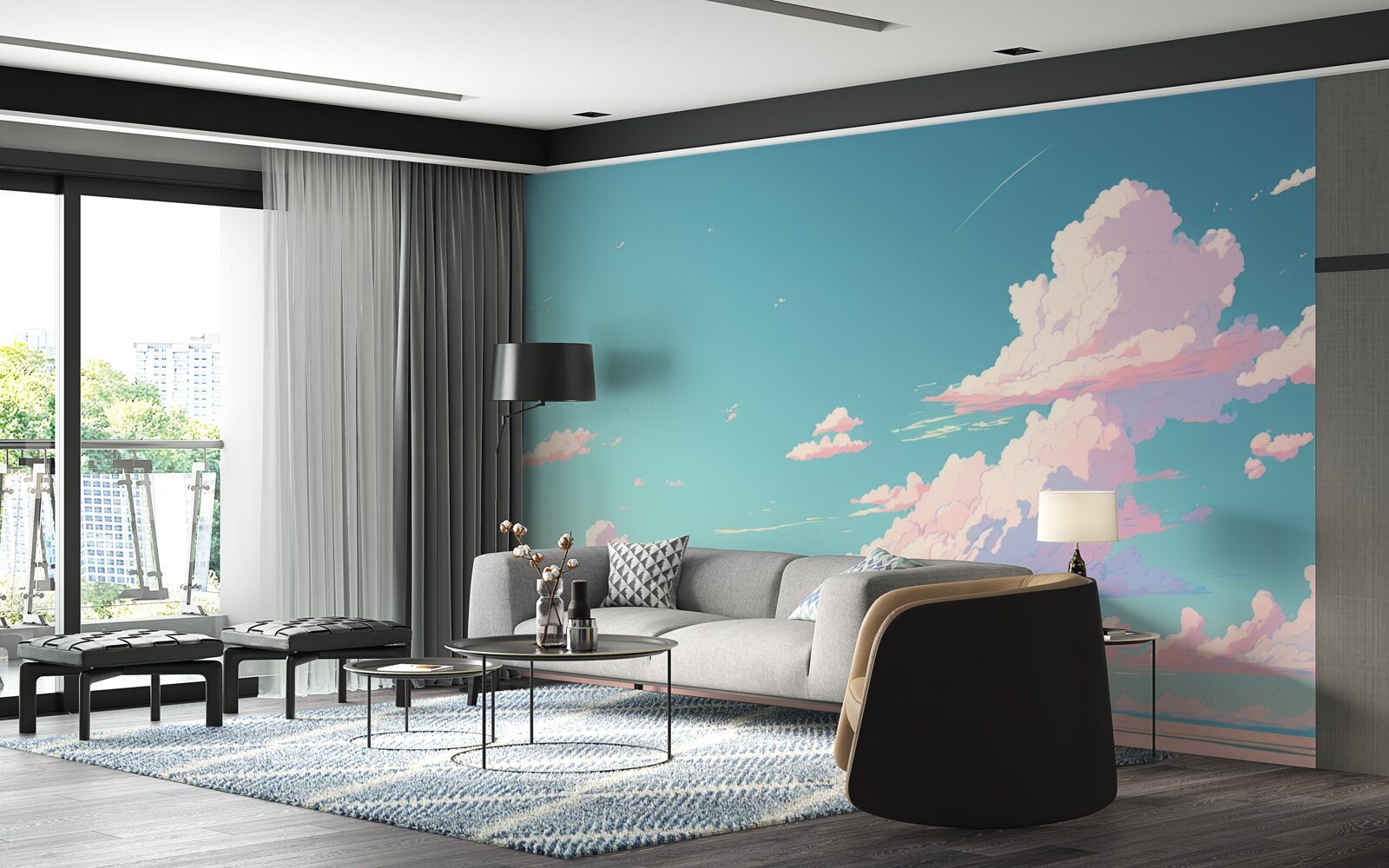 Fototapeten Der blaue Himmel ist mit rosa Wolken dekoriert