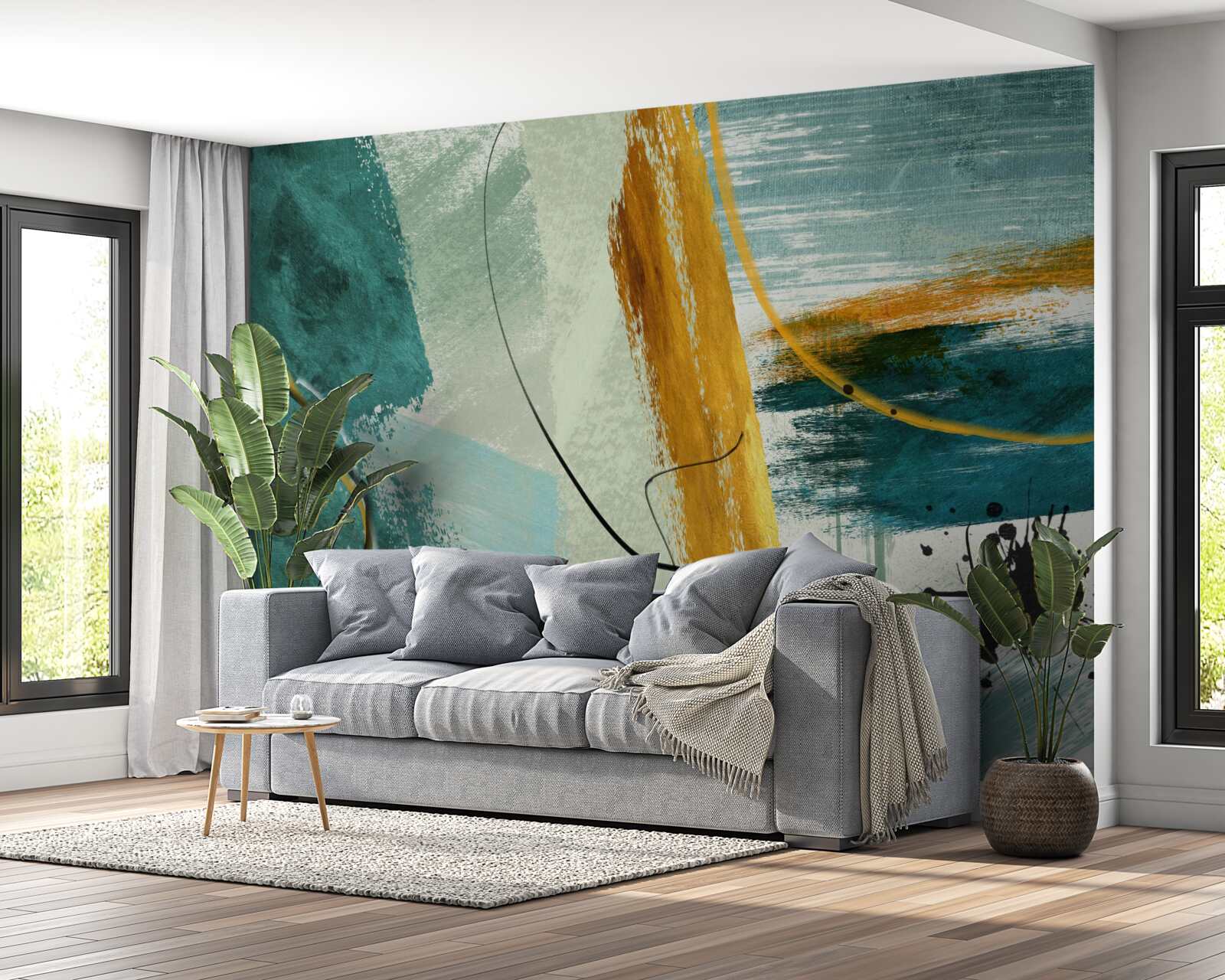 Fototapeten Ein abstraktes Bild der Moderne auf einem blauen Hintergrund