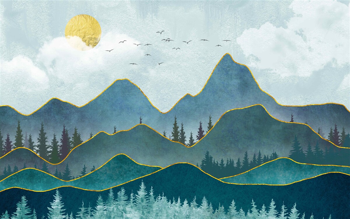 Fototapeten Grafisches Bild des Flusses Valley und Bergbaum