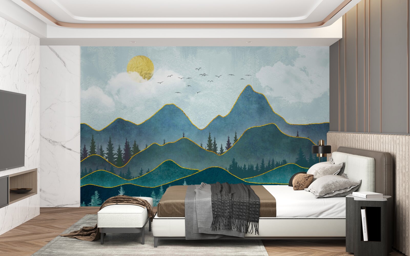 Fototapeten Grafisches Bild des Flusses Valley und Bergbaum