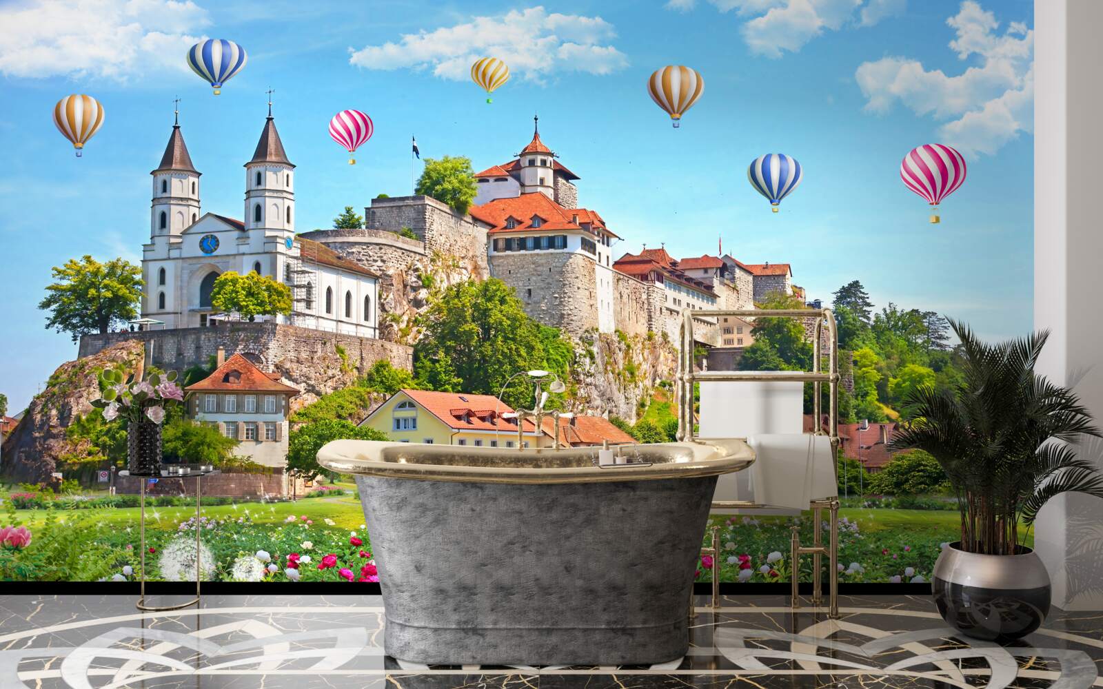 Fototapeten Mehrfarbige Luftballons fliegen hoch über den Dächern der Städte