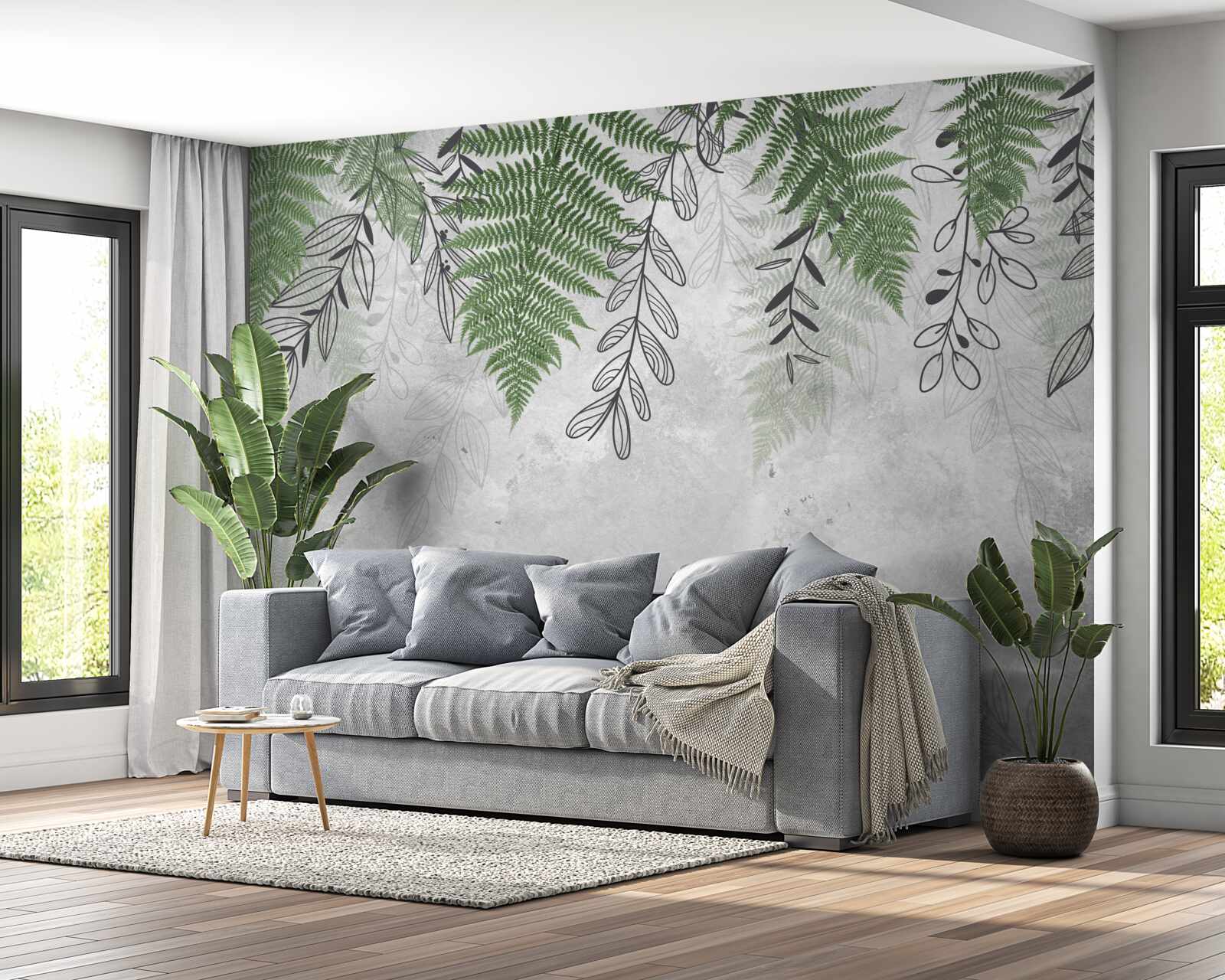 Fototapeten Farnblätter in einem grünen Schatten auf grauem Hintergrund