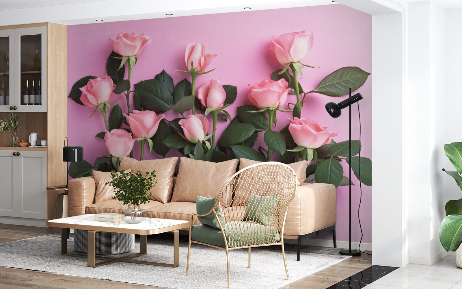 Fototapeten Zarte rosa Rosen auf einem einzelnen verärgerten rosa Hintergrund