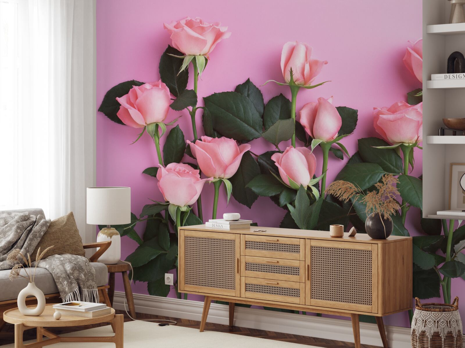 Fototapeten Zarte rosa Rosen auf einem einzelnen verärgerten rosa Hintergrund