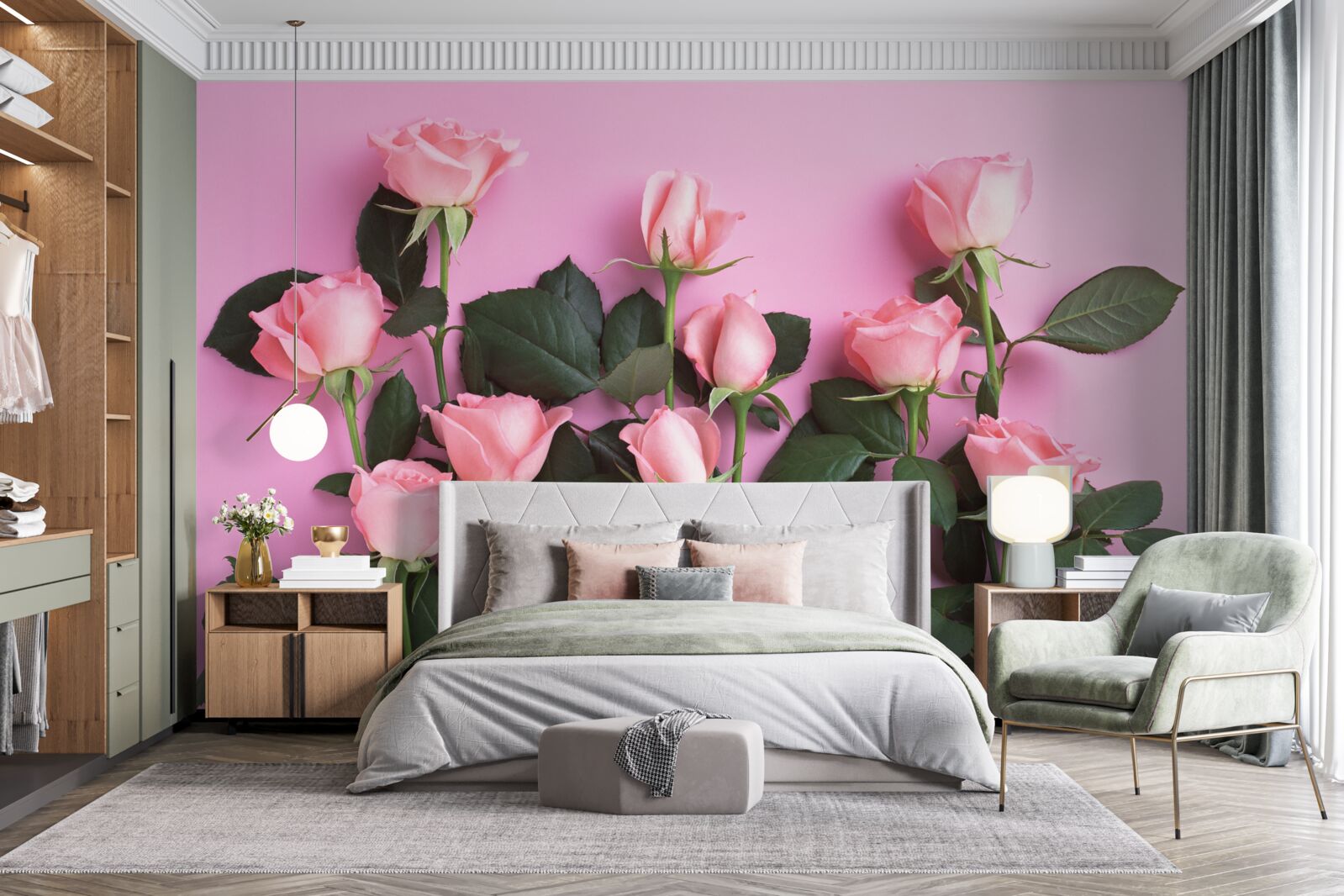 Fototapeten Zarte rosa Rosen auf einem einzelnen verärgerten rosa Hintergrund