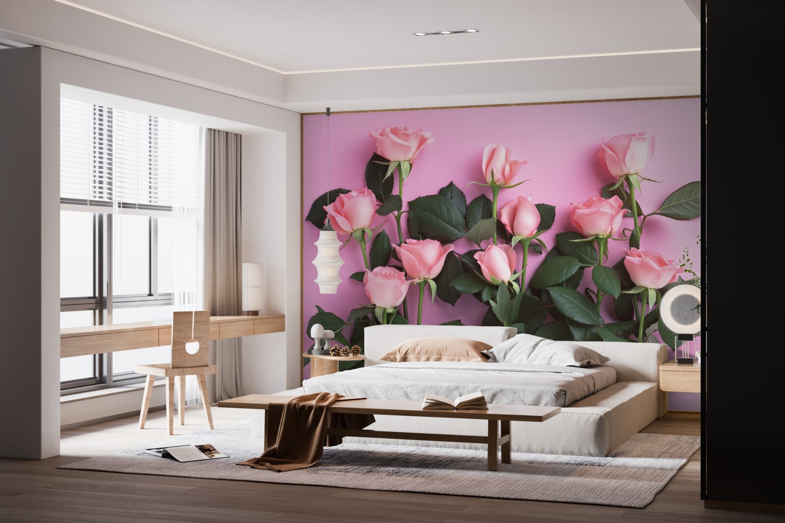 Fototapeten Zarte rosa Rosen auf einem einzelnen verärgerten rosa Hintergrund