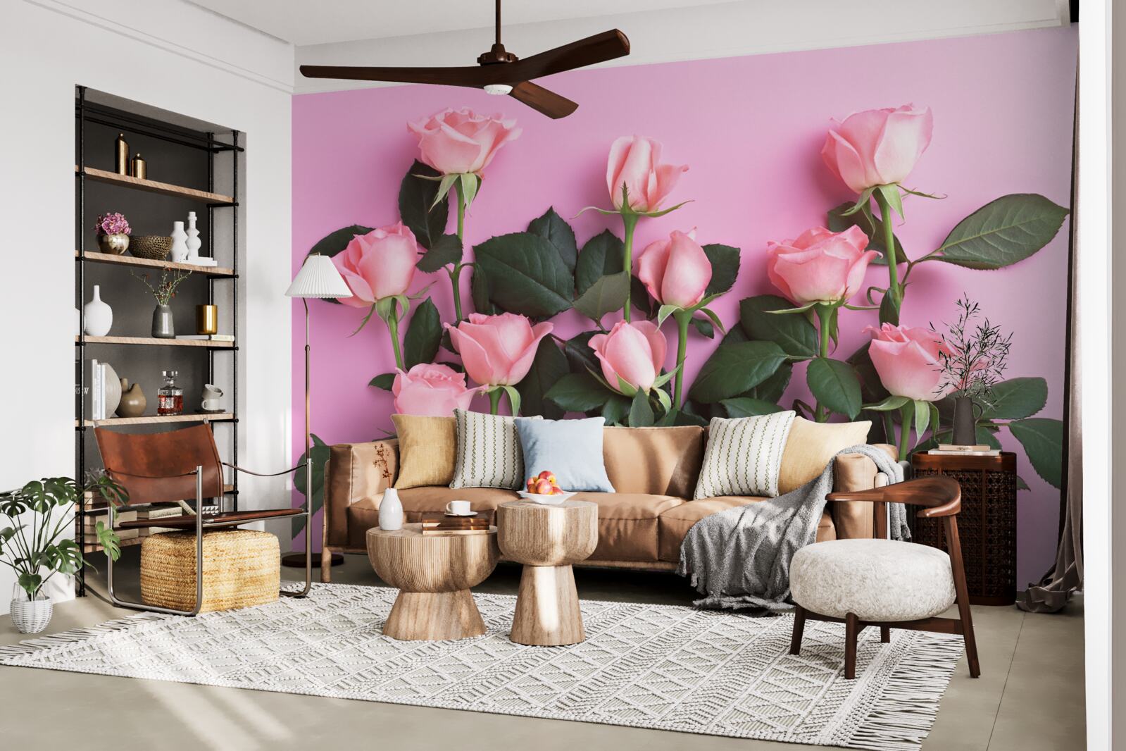 Fototapeten Zarte rosa Rosen auf einem einzelnen verärgerten rosa Hintergrund