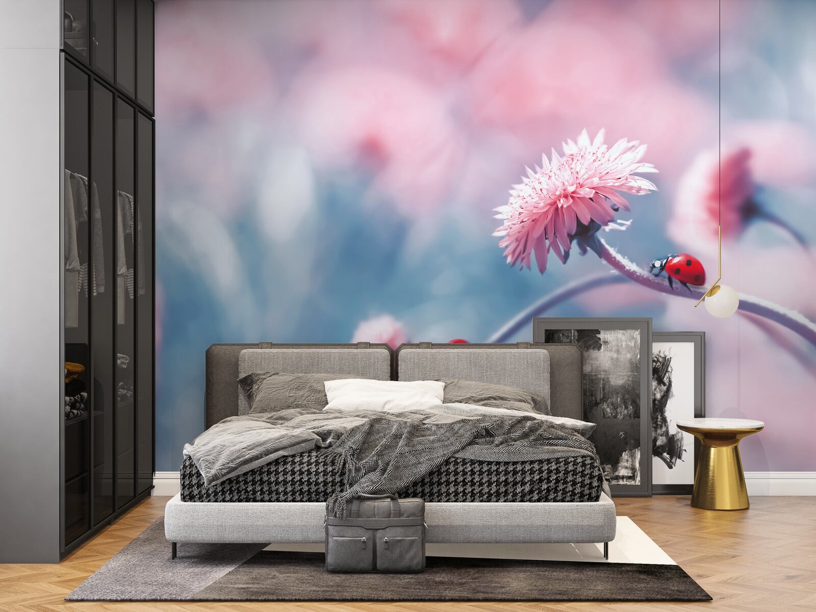 Fototapeten Kühe, die Gott angehören, sind auf rosa Blumen
