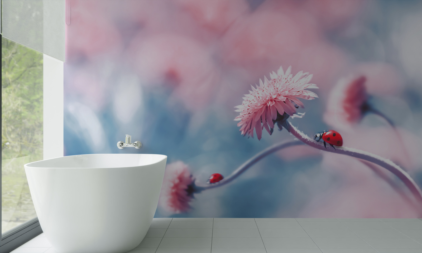 Fototapeten Kühe, die Gott angehören, sind auf rosa Blumen
