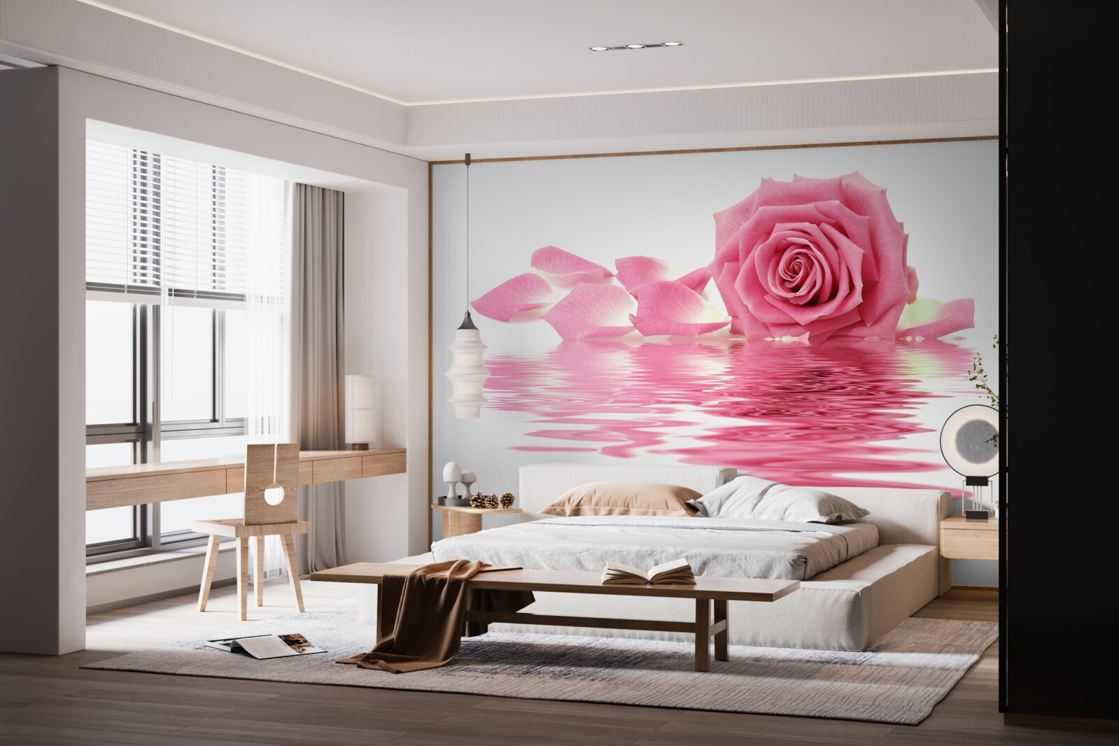 Fototapeten Reflexion von rosa Rosen in Wasser