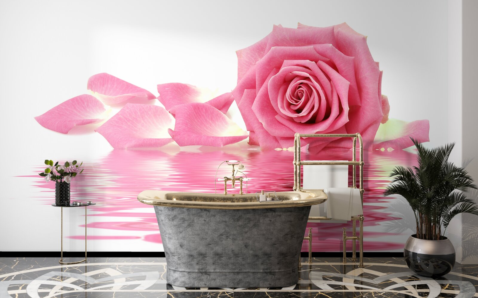 Fototapeten Reflexion von rosa Rosen in Wasser