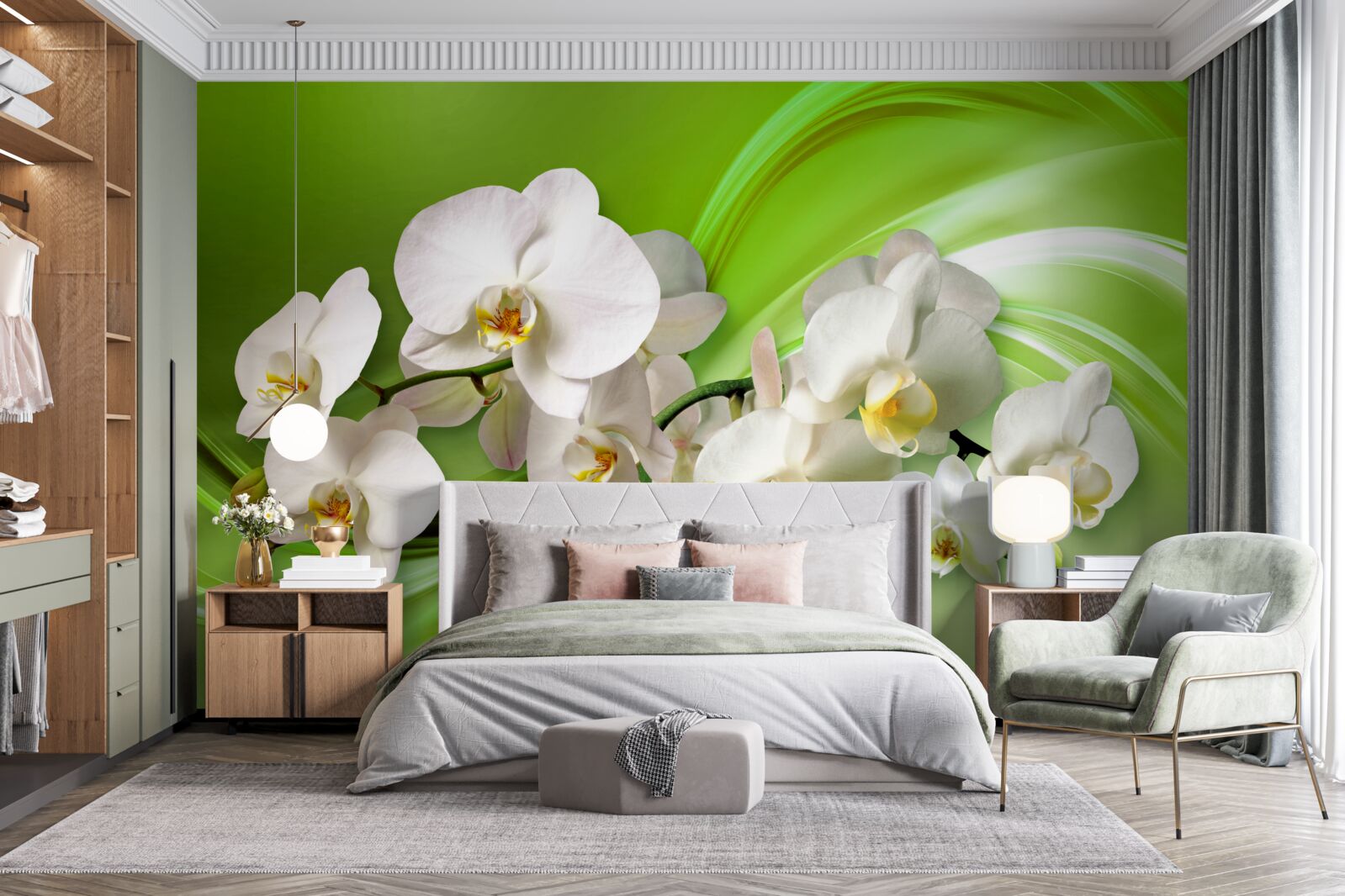 Fototapeten Weiße Orchideen, die sich auf einem Ast auf einem grünen Hintergrund befinden