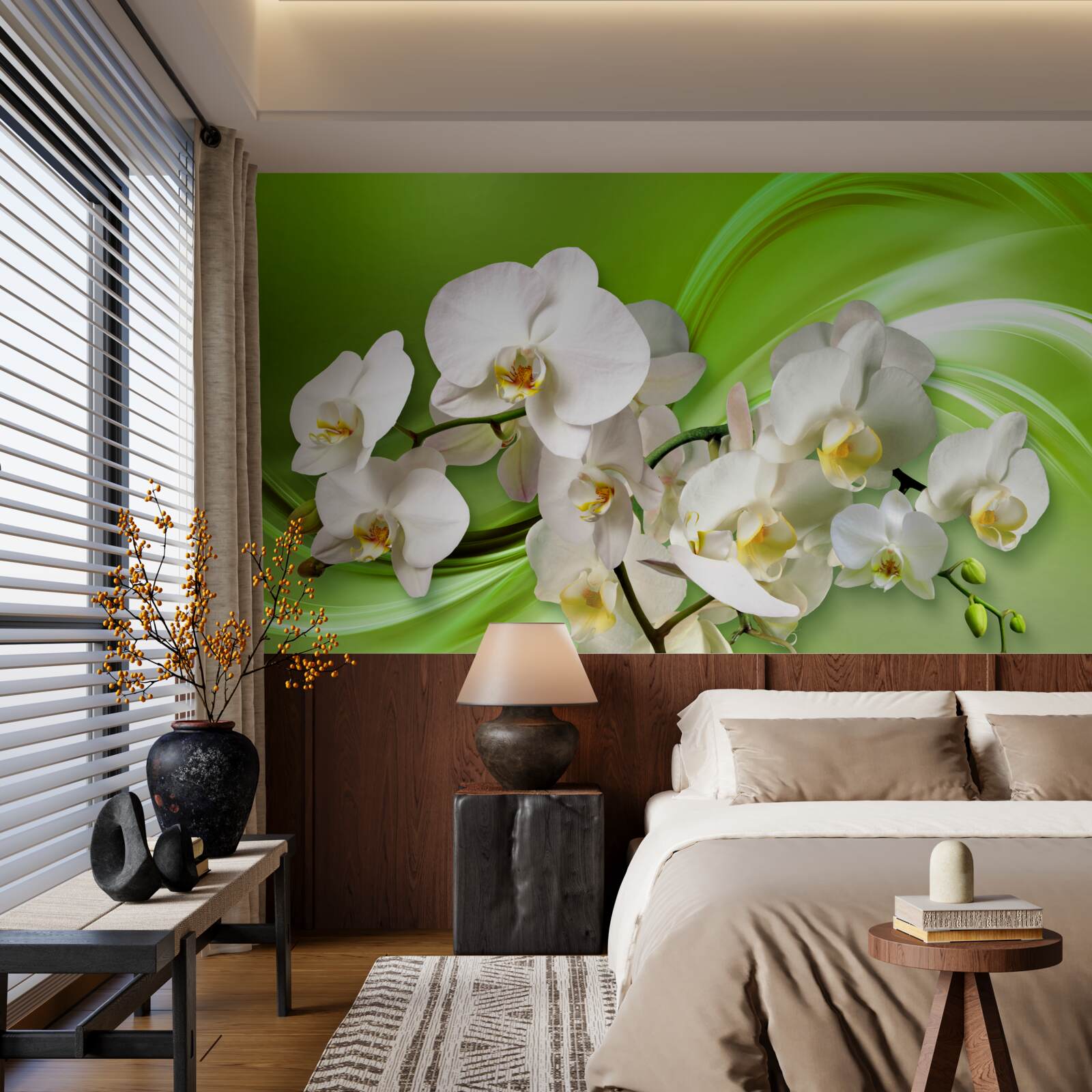 Fototapeten Weiße Orchideen, die sich auf einem Ast auf einem grünen Hintergrund befinden