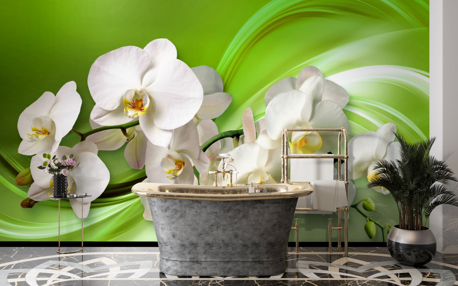 Fototapeten Weiße Orchideen, die sich auf einem Ast auf einem grünen Hintergrund befinden