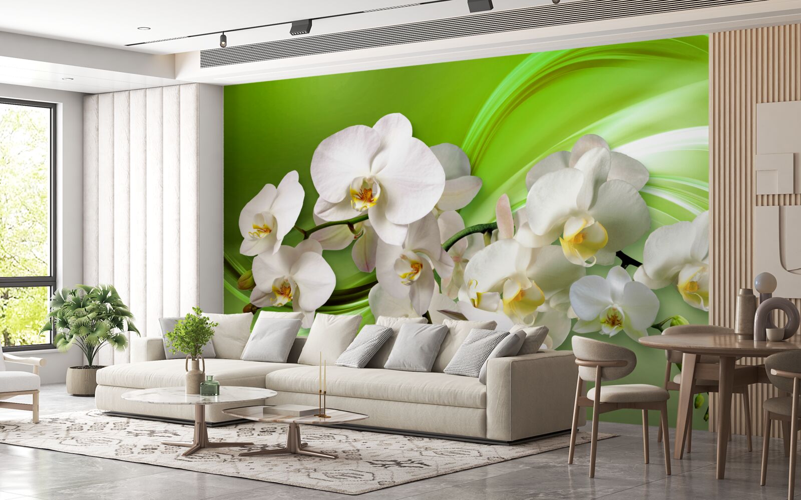 Fototapeten Weiße Orchideen, die sich auf einem Ast auf einem grünen Hintergrund befinden