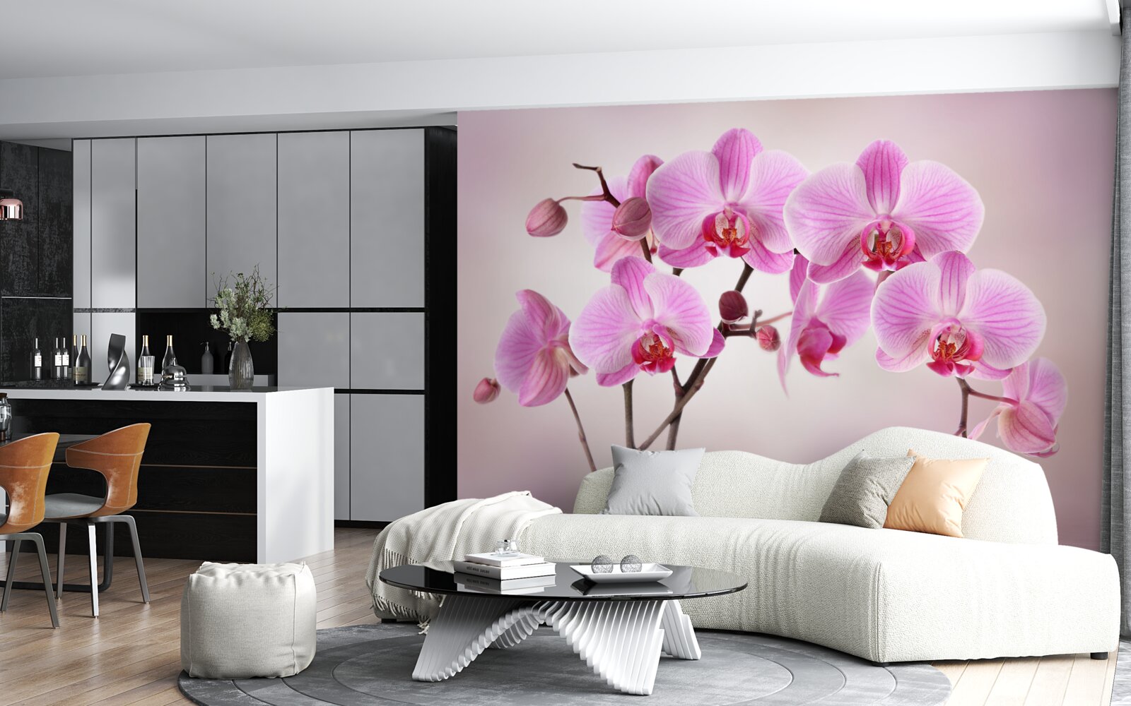 Fototapeten Zweige von lila Orchideen hängen über dem Wasser