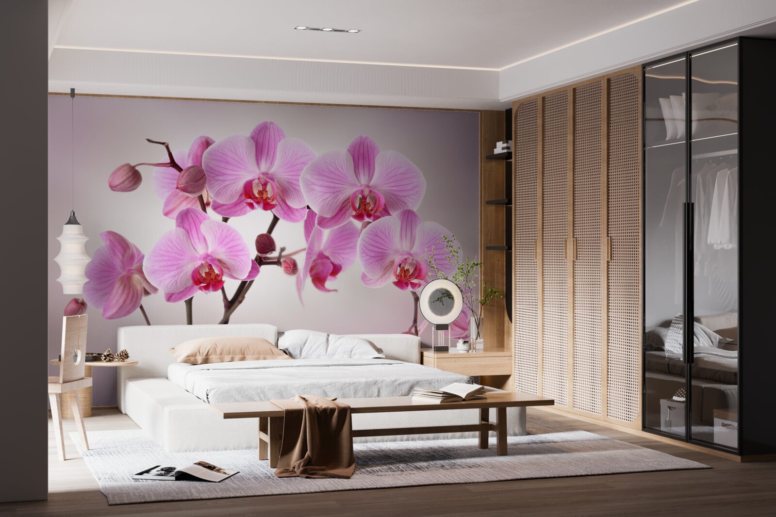 Fototapeten Zweige von lila Orchideen hängen über dem Wasser