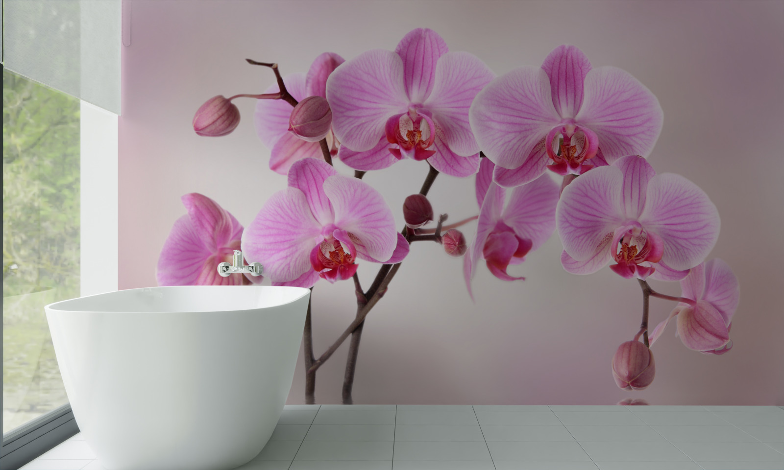 Fototapeten Zweige von lila Orchideen hängen über dem Wasser