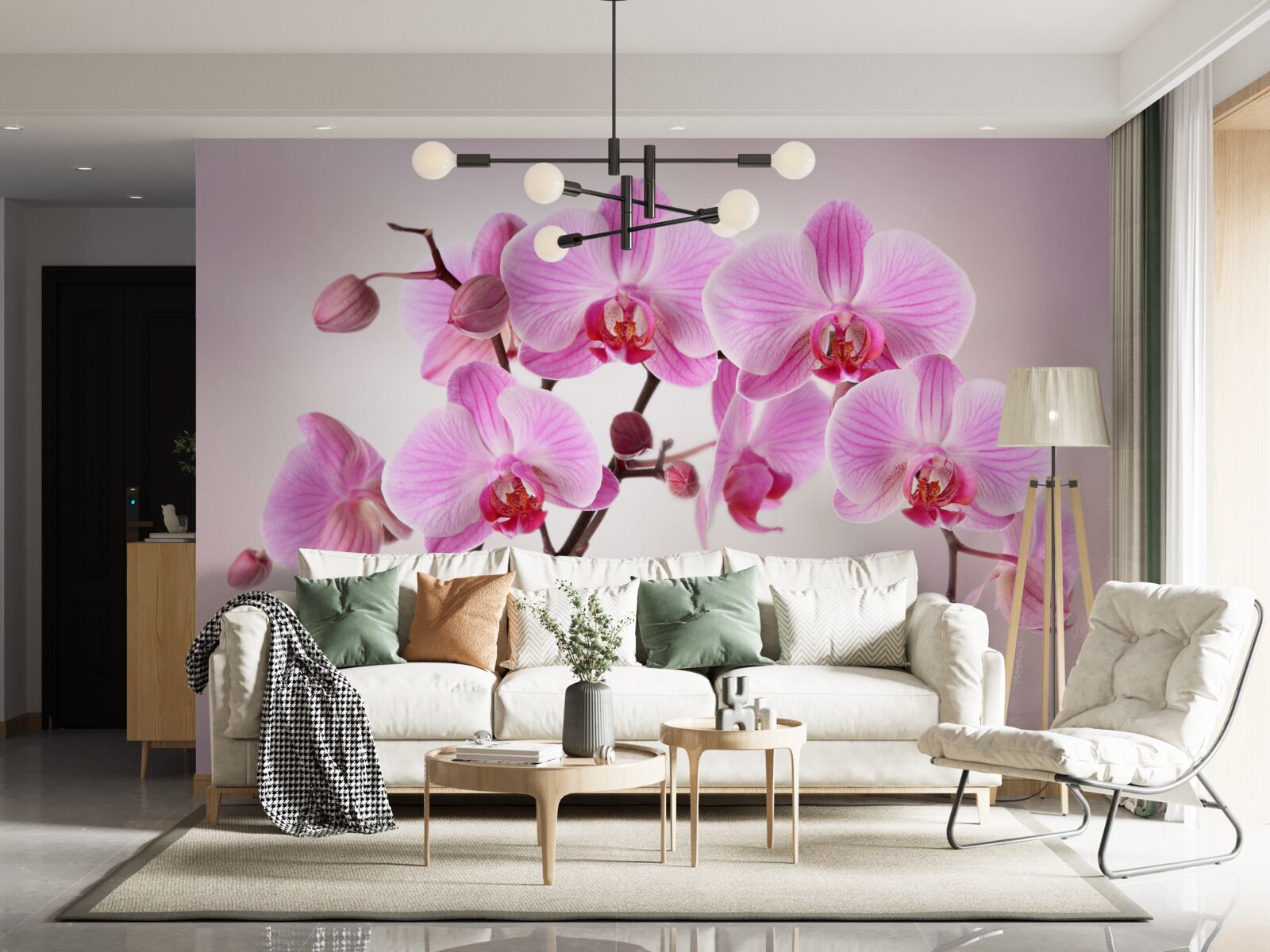 Fototapeten Zweige von lila Orchideen hängen über dem Wasser