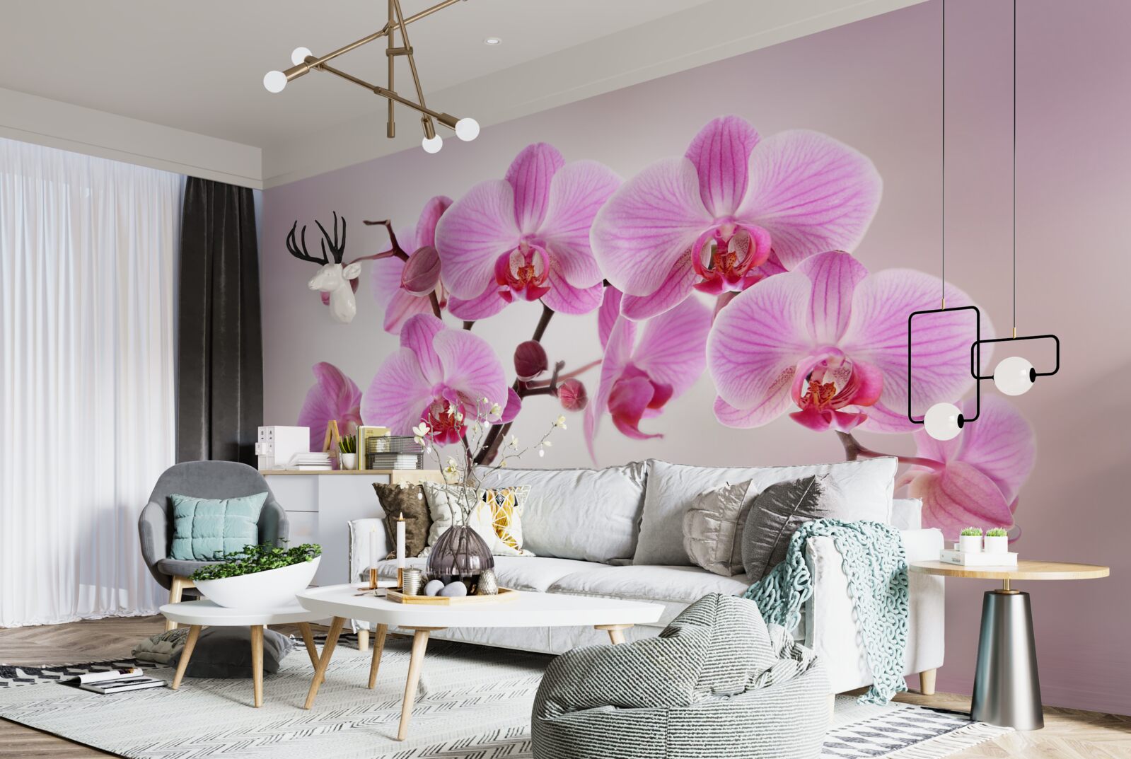 Fototapeten Zweige von lila Orchideen hängen über dem Wasser