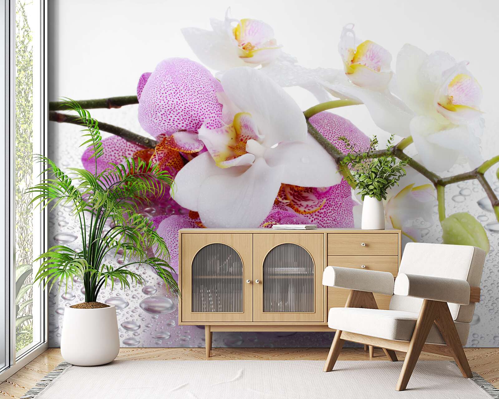 Fototapeten Tropfen Tau auf die Zweige der weißen und lila Orchidee