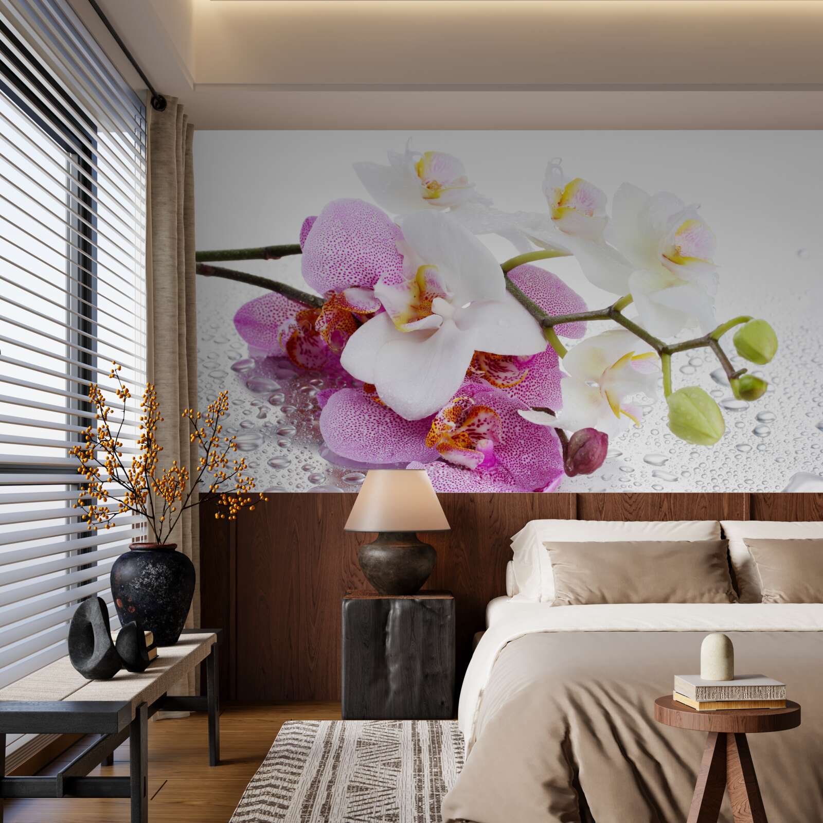 Fototapeten Tropfen Tau auf die Zweige der weißen und lila Orchidee