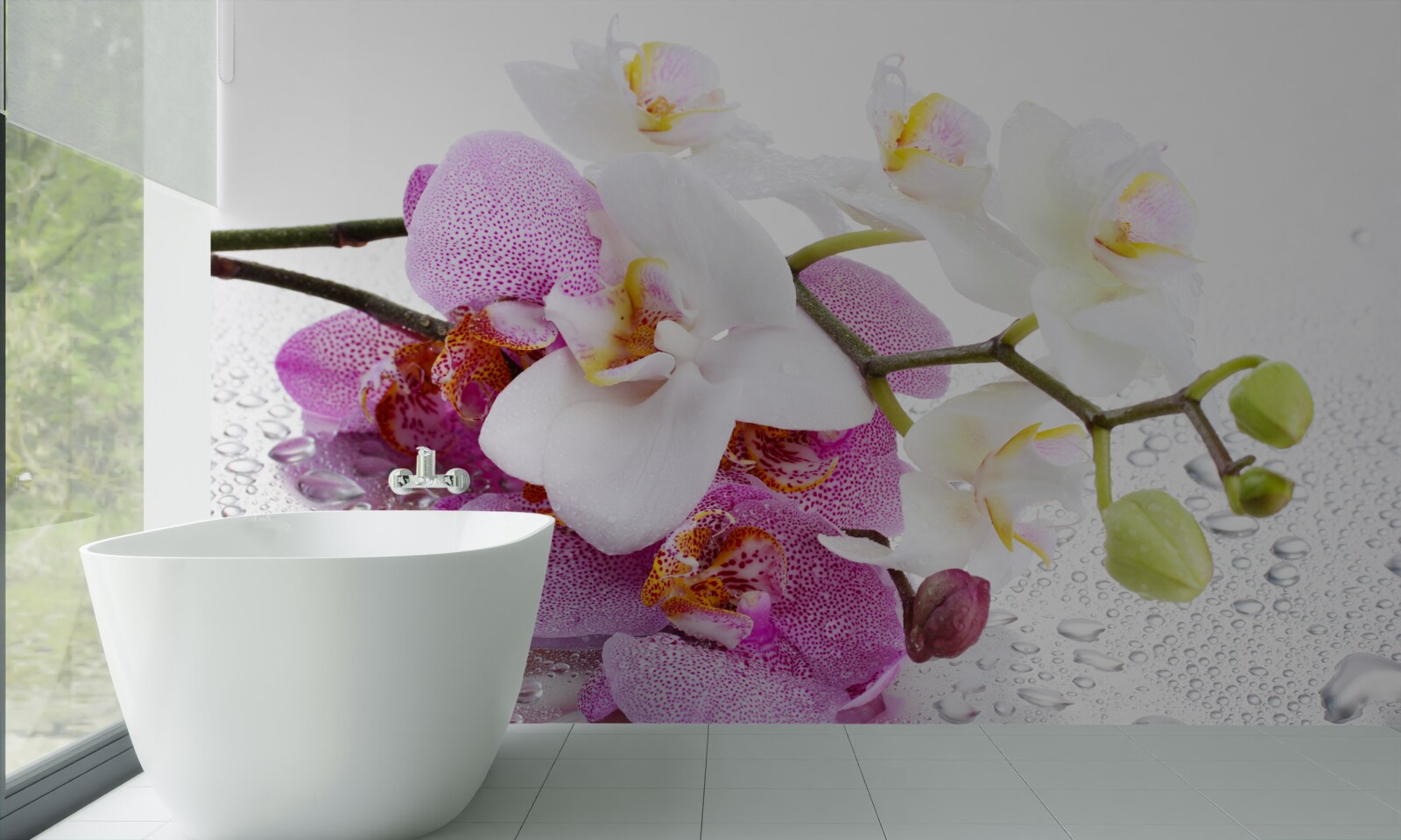 Fototapeten Tropfen Tau auf die Zweige der weißen und lila Orchidee