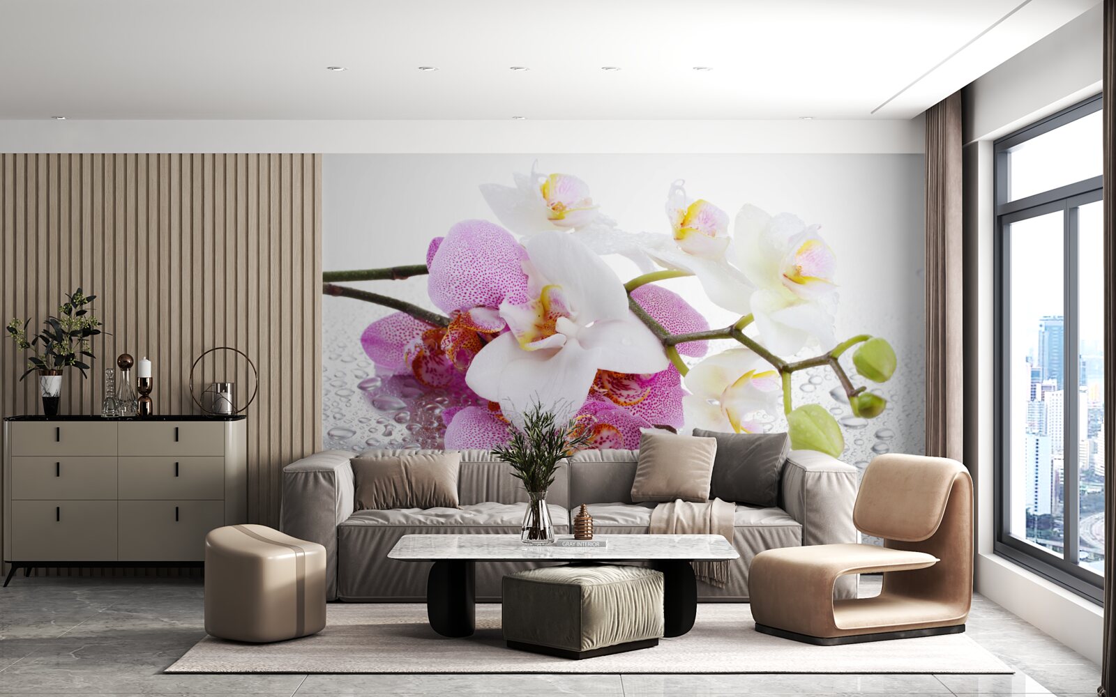 Fototapeten Tropfen Tau auf die Zweige der weißen und lila Orchidee