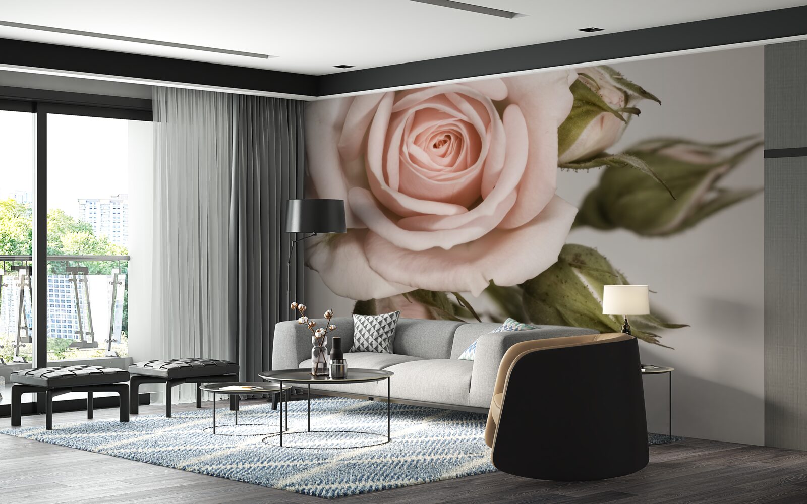 Fototapeten Der hellrosa Rose Donut sticht auf grauem Hintergrund ab
