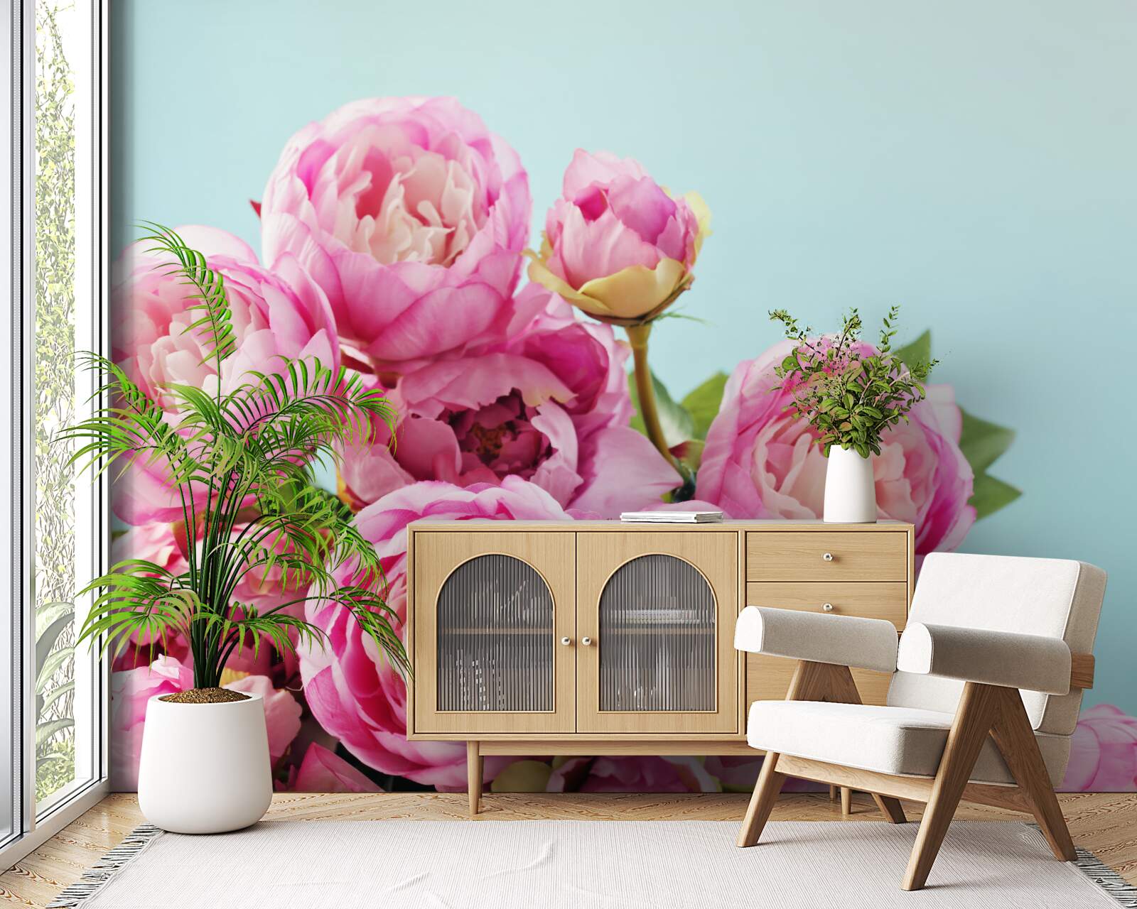 Fototapeten Rosa Blume erinnert an einen blauen Hintergrund