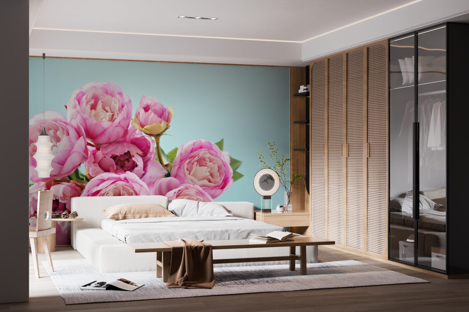 Fototapeten Rosa Blume erinnert an einen blauen Hintergrund