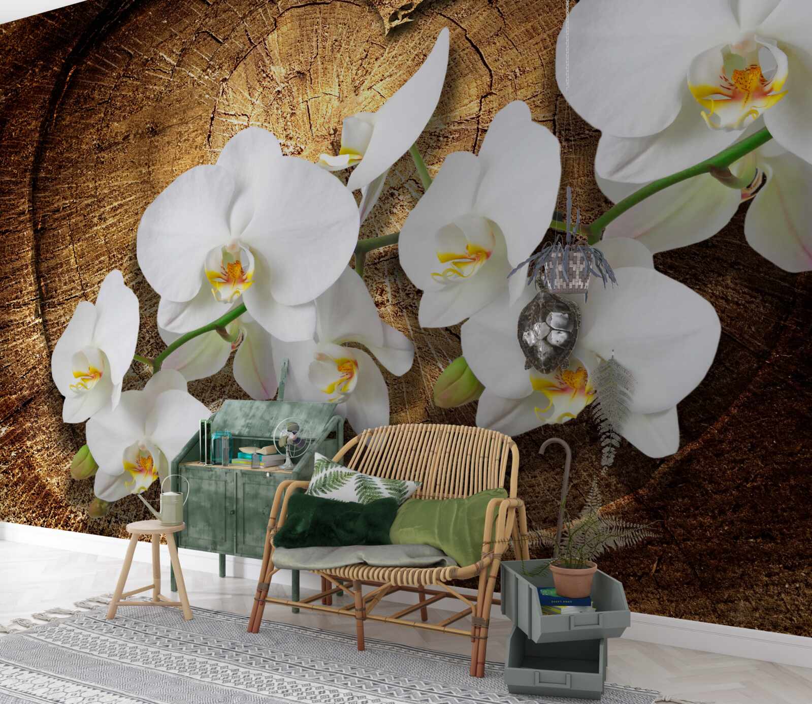 Fototapeten Schnee -White -Orchidee auf einem Schnittstamm eines Baumes