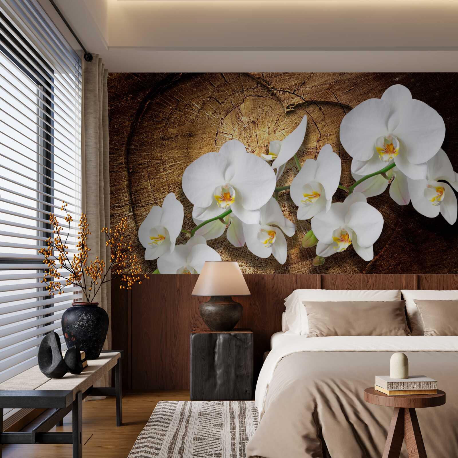 Fototapeten Schnee -White -Orchidee auf einem Schnittstamm eines Baumes