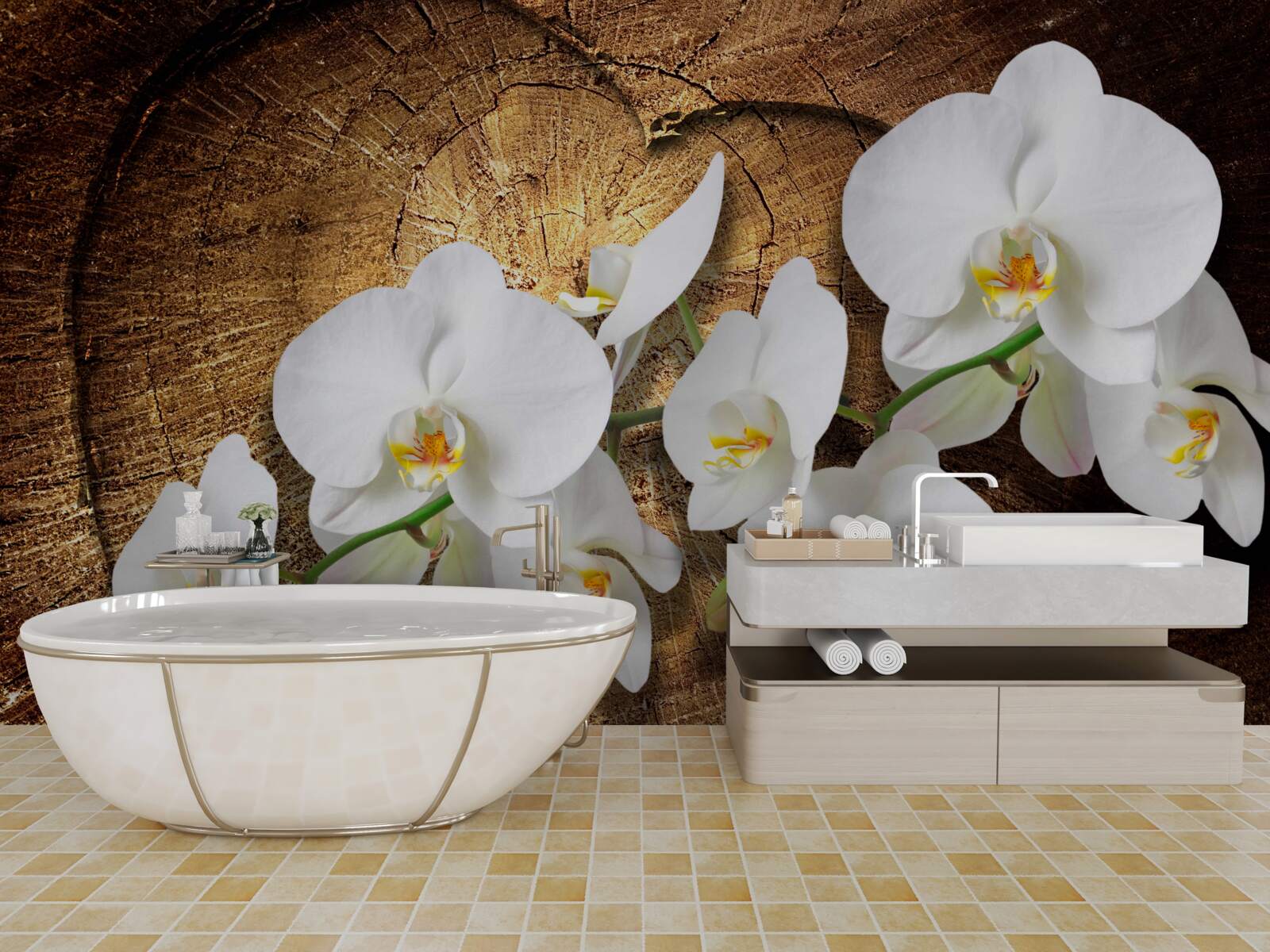 Fototapeten Schnee -White -Orchidee auf einem Schnittstamm eines Baumes